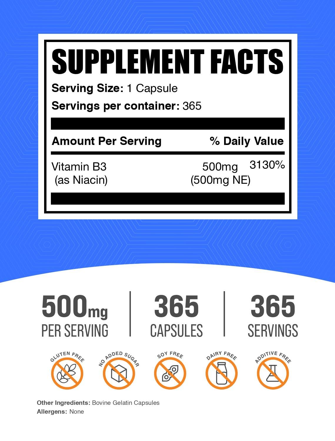 BulkSupplements cápsula de niacina en mano, textura y tamaño visibles