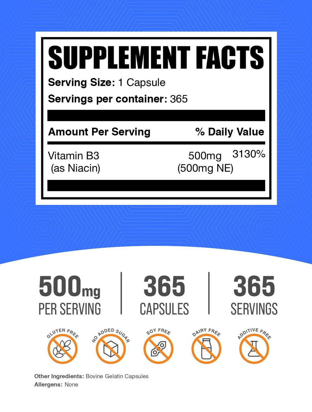 BulkSupplements cápsula de niacina en mano, textura y tamaño visibles