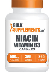 BulkSupplements envase frontal de niacina 365 cápsulas, claridad de dosis