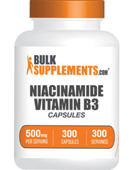 BulkSupplements frasco frontal de niacinamida 500 mg, presentación clara y práctica