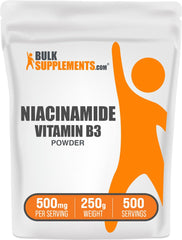 BulkSupplements frente del envase mostrando niacinamida, presentación clara y práctica