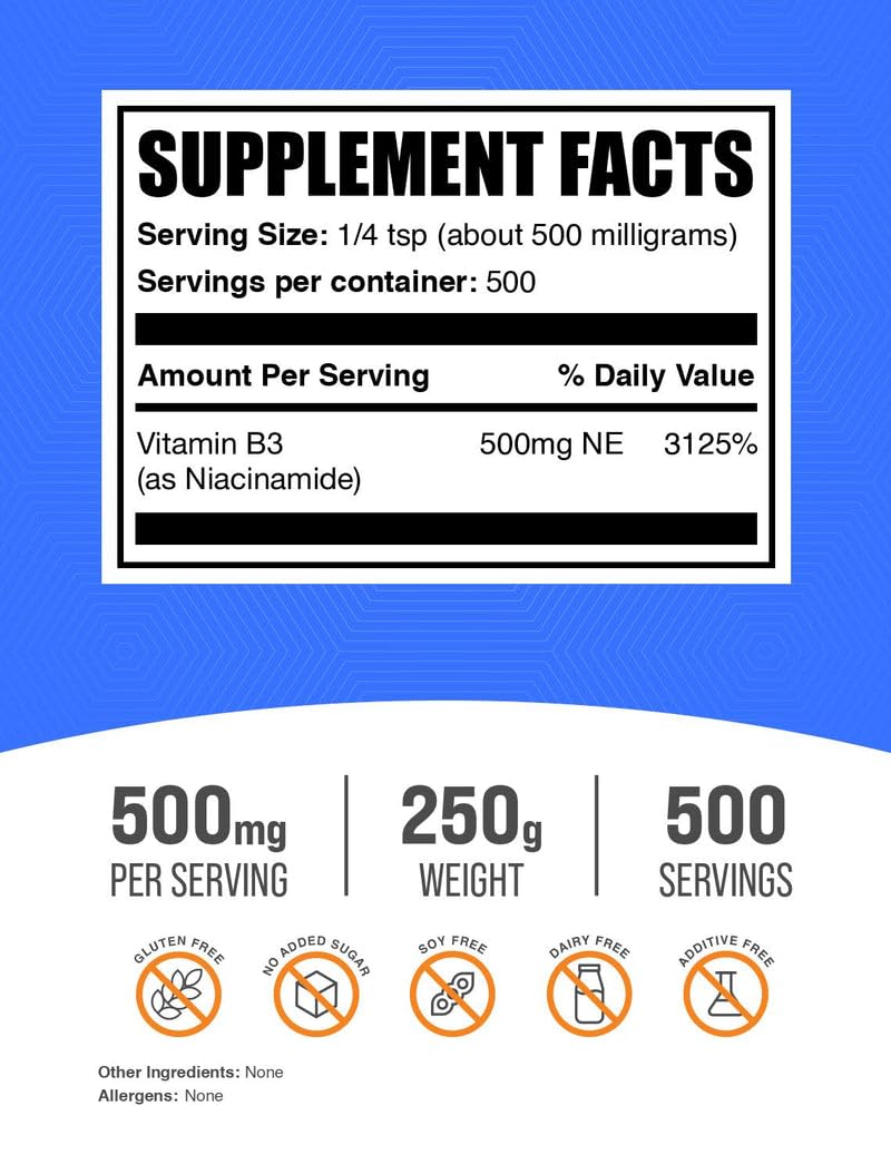 BulkSupplements detalle del polvo de niacinamida, textura fina para mezclas fáciles
