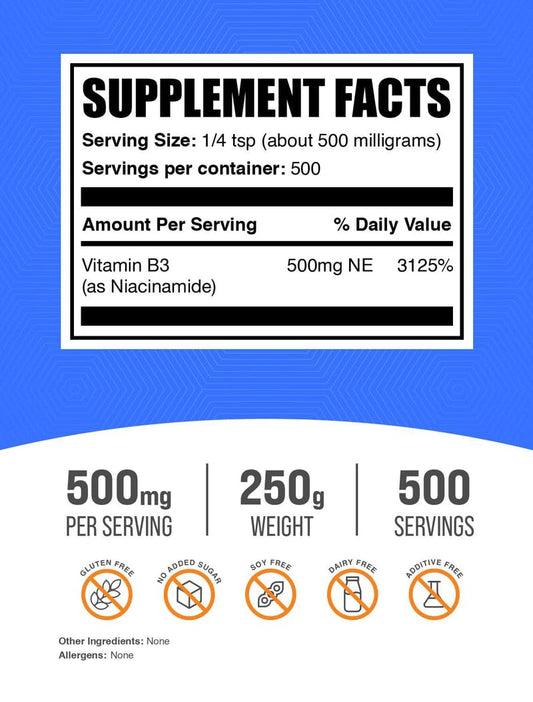 BulkSupplements detalle del polvo de niacinamida, textura fina para mezclas fáciles