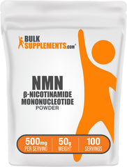 BulkSupplements envase de NMN en polvo mostrando presentación y pureza para dosificación precisa