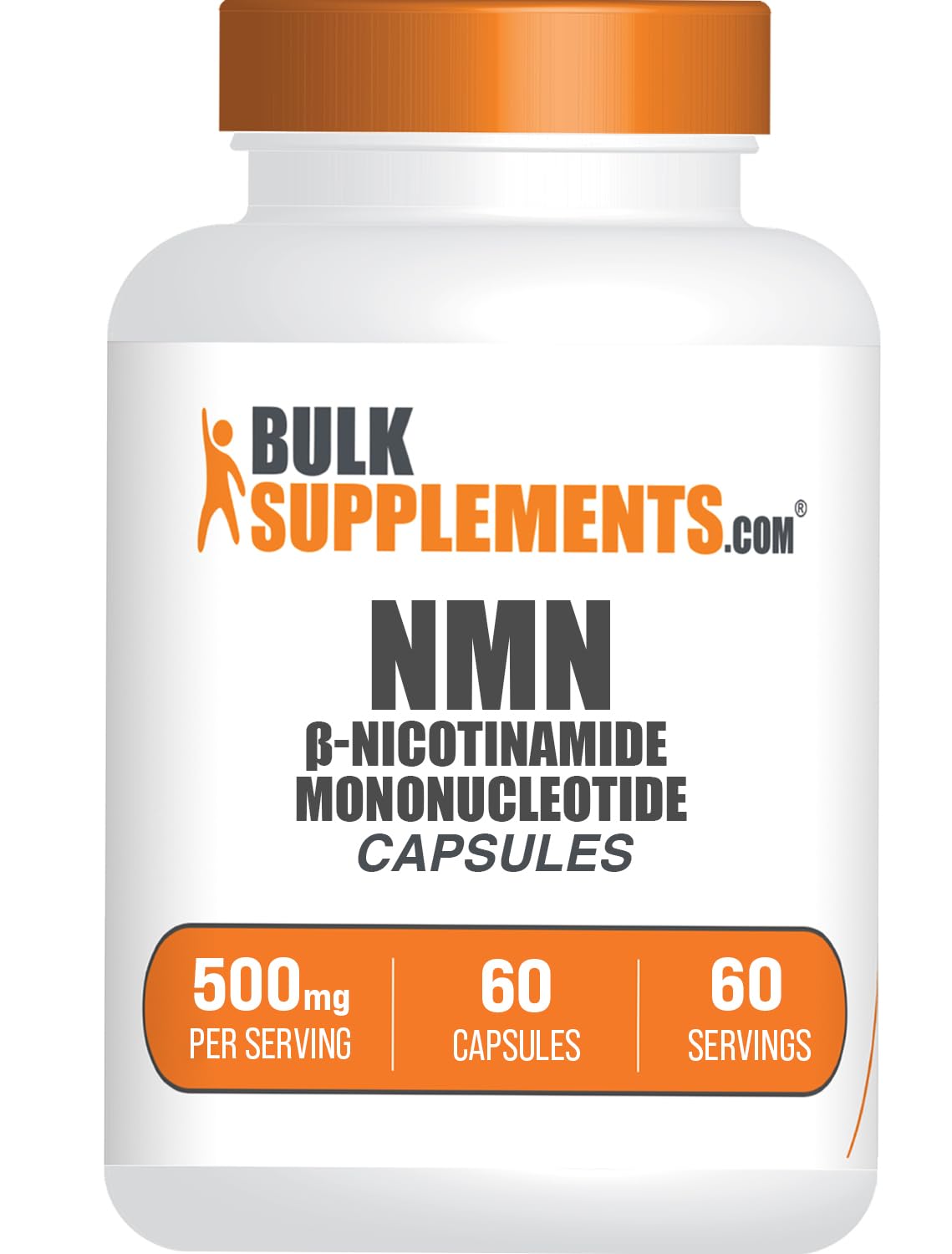 BulkSupplements frasco frontal mostrando NMN 60 cápsulas y fácil identificación del producto