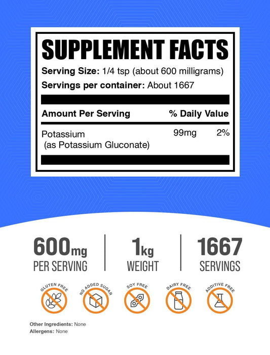 BulkSupplements polvo de potasio textura cercana que facilita disolución rápida