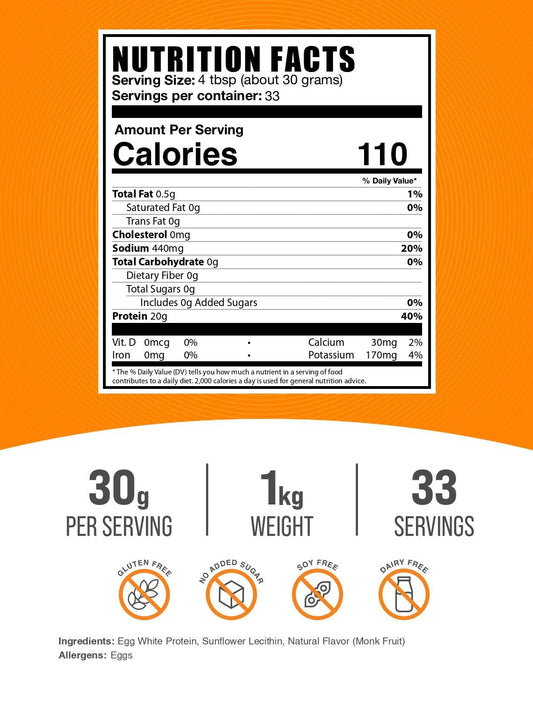 Polvo fino de Egg White Protein BulkSupplements en primer plano, textura que mezcla fácil