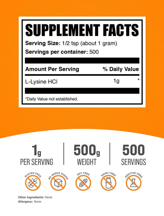 BulkSupplements detalle de la textura del polvo de lisina, fácil disolución