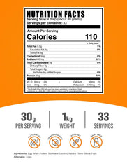 Polvo fino de Egg White Protein BulkSupplements en primer plano, textura que mezcla fácil