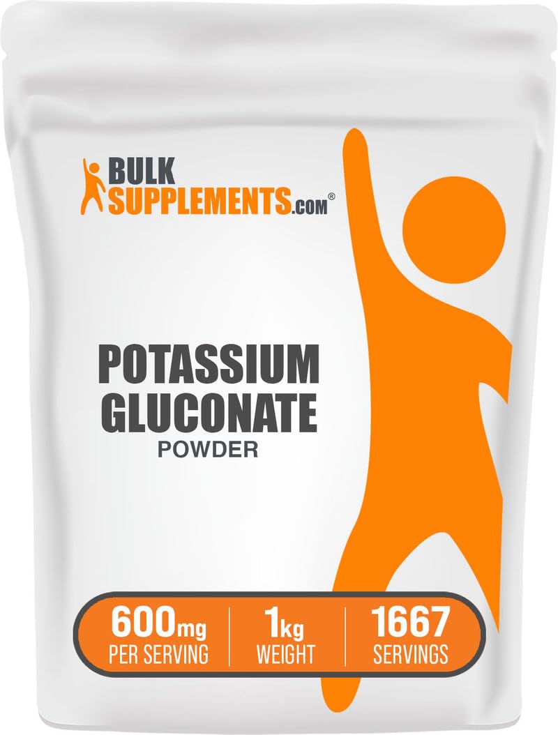 BulkSupplements envase frontal de gluconato de potasio, presentación clara y confiable