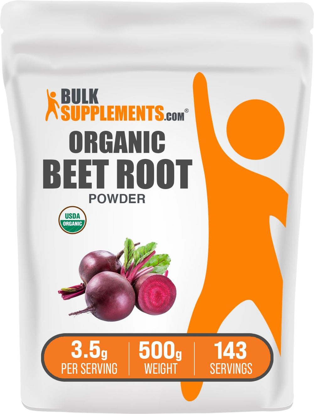 BulkSupplements bote frontal de remolacha orgánica mostrando el envase y su conveniencia