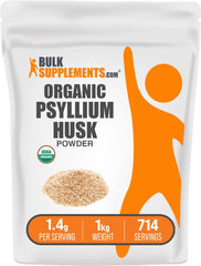 BulkSupplements frente del envase de psyllium orgánico, práctico y a granel