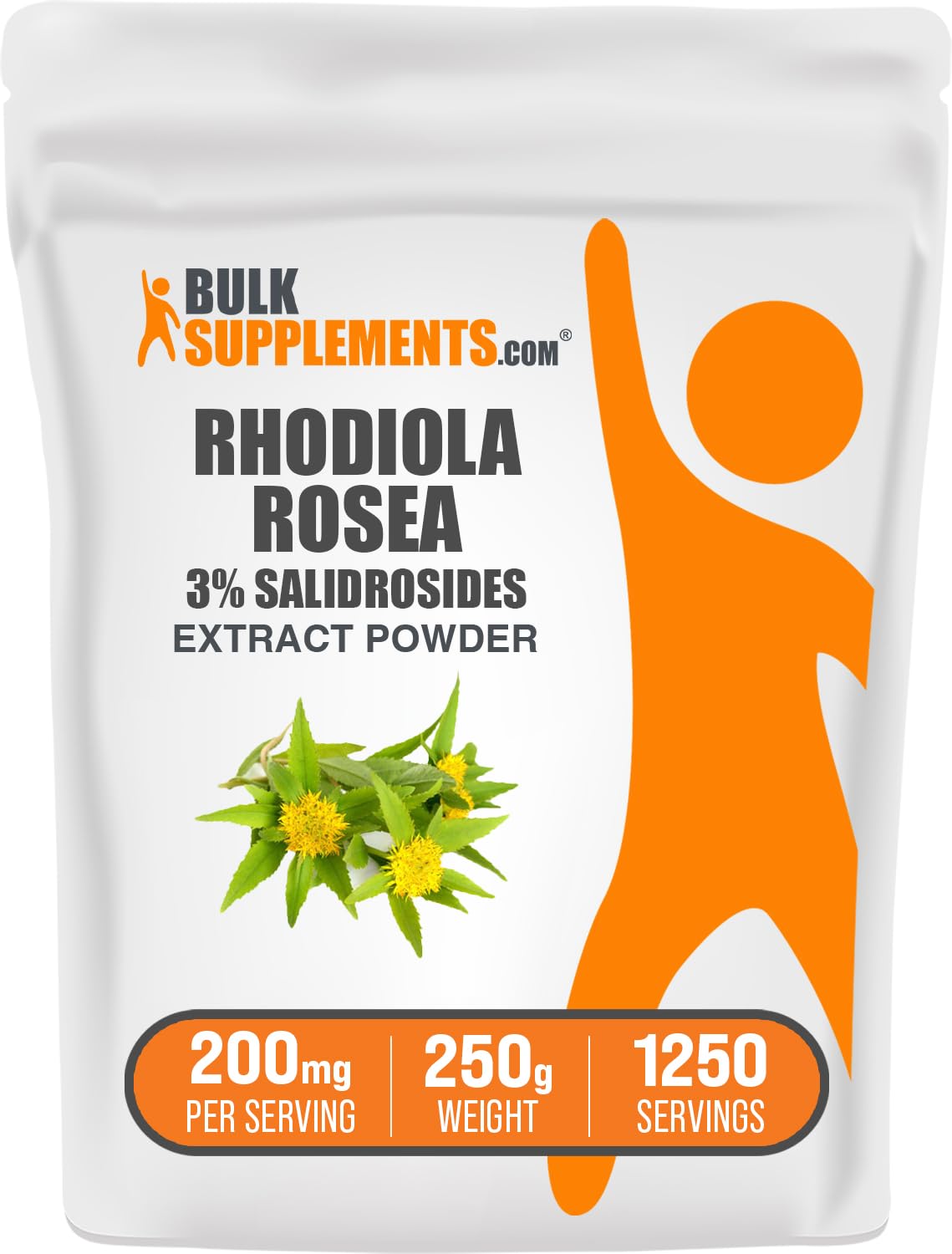 BulkSupplements envase frontal de Rhodiola Rosea con información visible y confianza