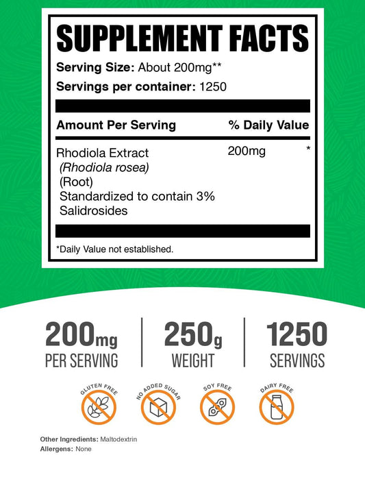 BulkSupplements textura del polvo de Rhodiola mostrando finura y fácil mezcla