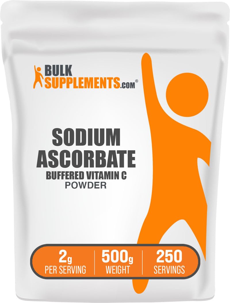 BulkSupplements envase frontal de Sodium Ascorbate mostrando presentación y beneficio de dosis ajustable