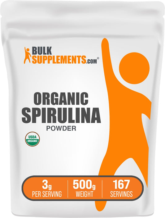 BulkSupplements paquete de spirulina orgánica frente, muestra tamaño y presentación
