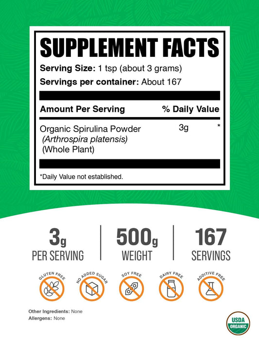 BulkSupplements polvo de spirulina textura en primer plano, fácil de mezclar