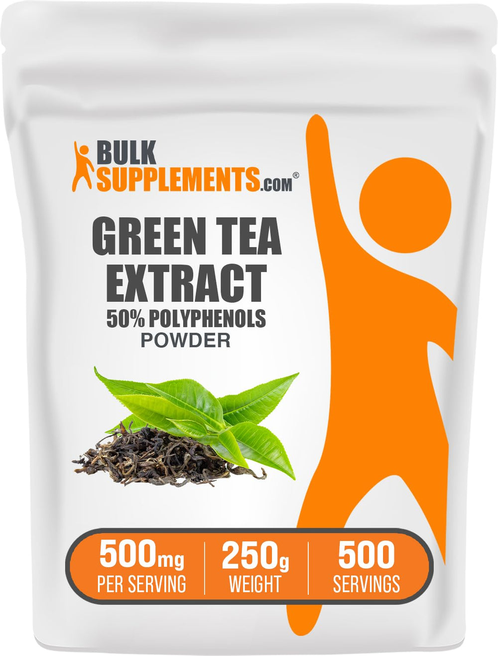 BulkSupplements envase frontal de extracto de té verde mostrando tamaño y beneficio de dosificación