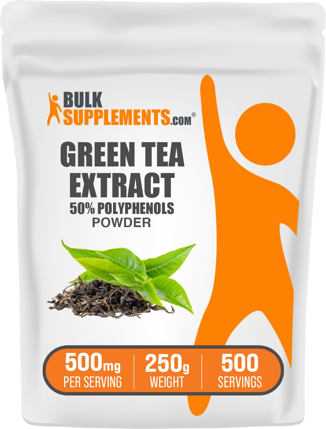 BulkSupplements envase frontal de extracto de té verde mostrando tamaño y beneficio de dosificación