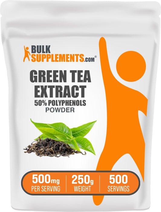 BulkSupplements envase frontal de extracto de té verde mostrando tamaño y beneficio de dosificación