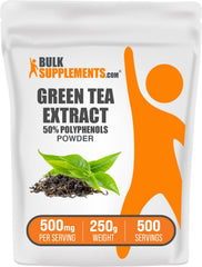 BulkSupplements envase frontal de extracto de té verde mostrando tamaño y beneficio de dosificación