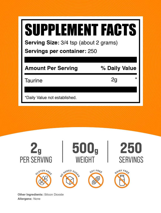 BulkSupplements textura del polvo de taurina en primer plano, mezcla homogénea