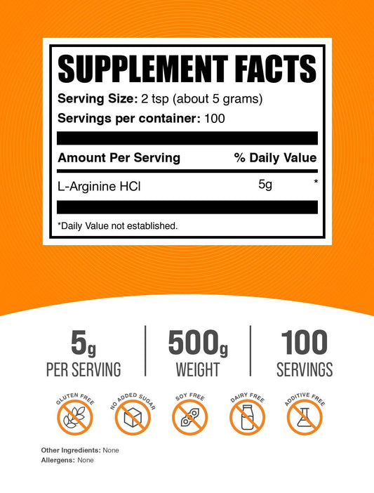 Polvo de BulkSupplements L-Arginina HCl textura fina para mezcla rápida y sin grumos