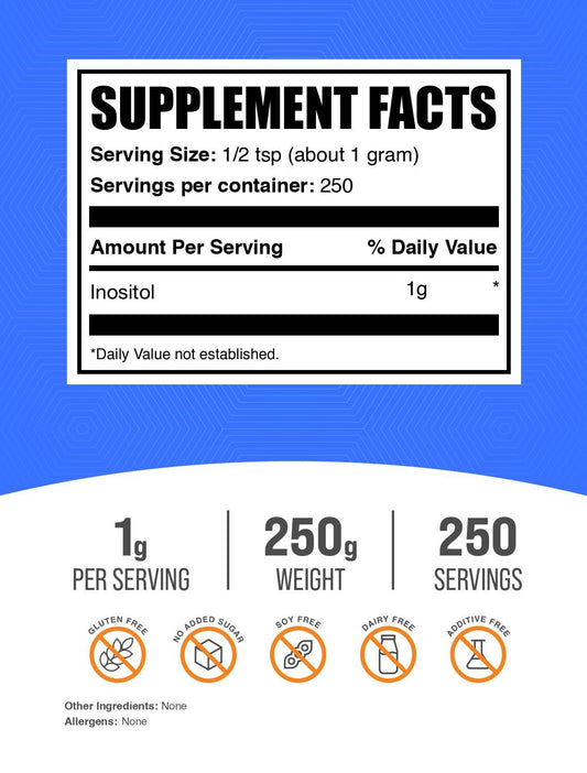 BulkSupplements textura del polvo de inositol en primer plano, finura que facilita disolución rápida