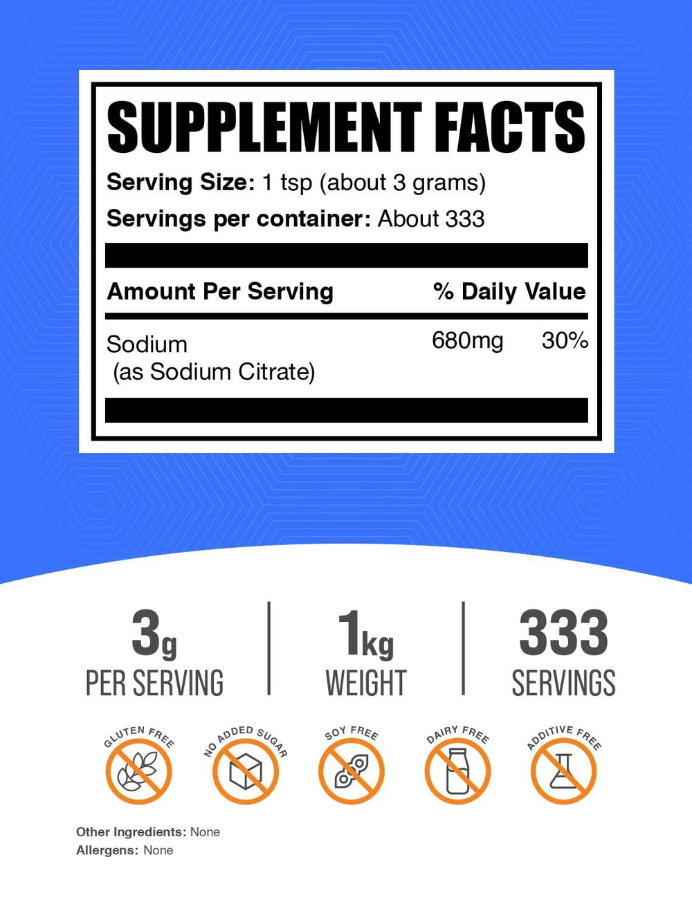 BulkSupplements textura fina del polvo de citrato de sodio para dosificaciones precisas
