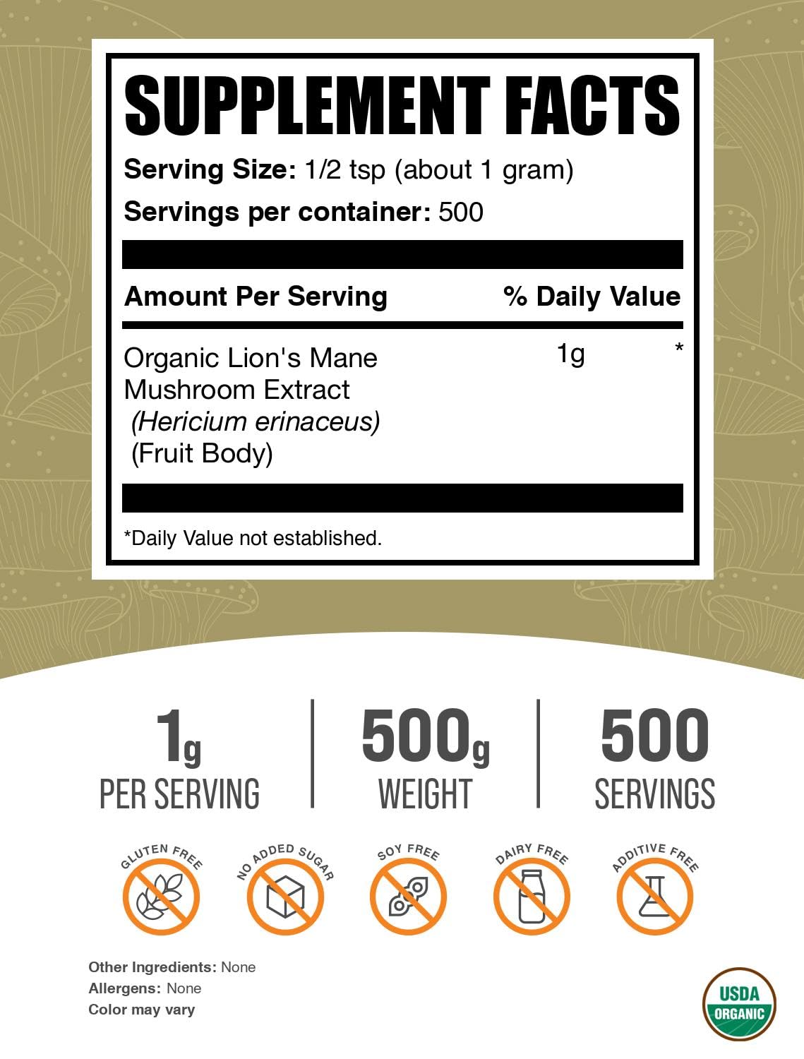 BulkSupplements primer plano del polvo de Lion's Mane, textura fina y consistente
