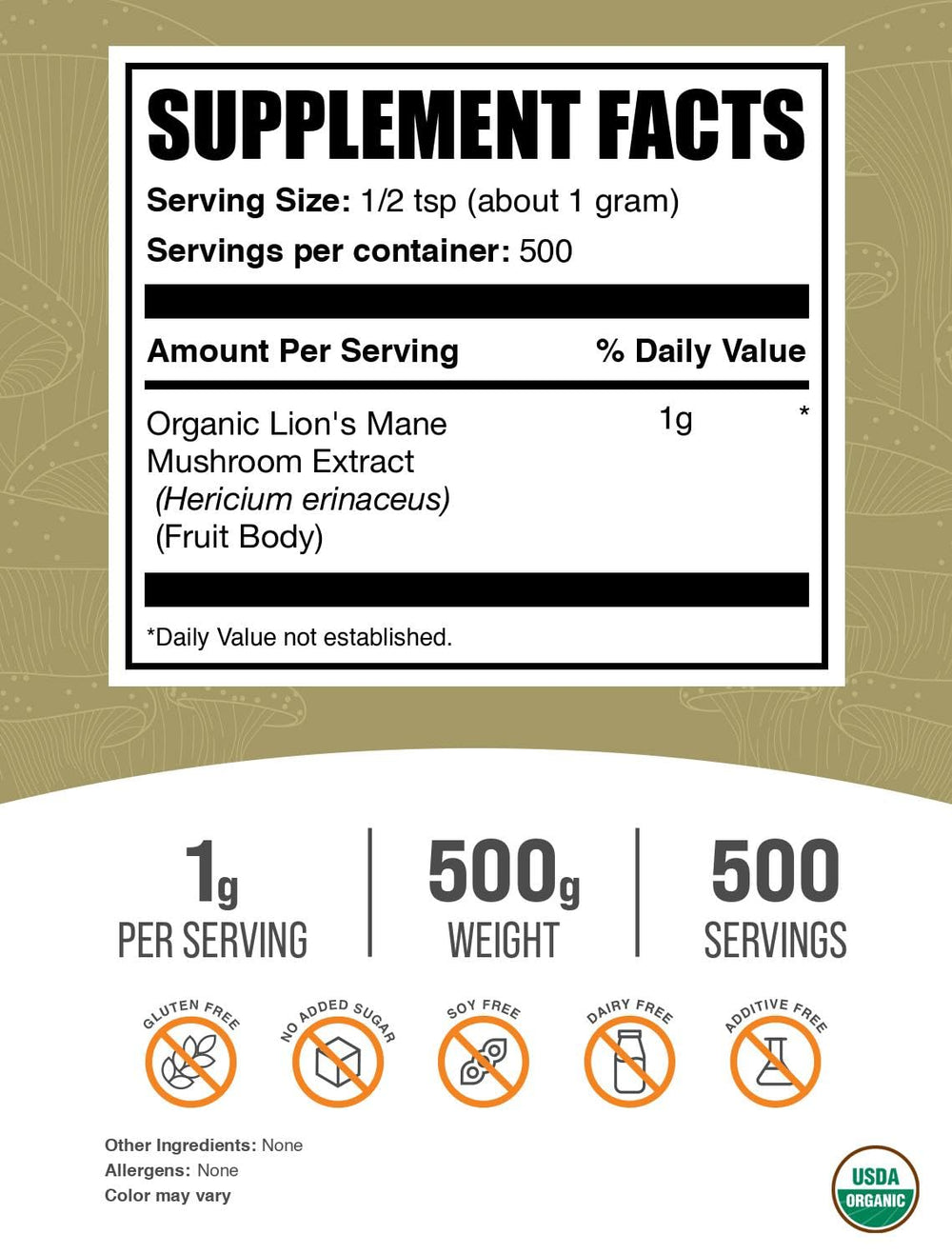 BulkSupplements primer plano del polvo de Lion's Mane, textura fina y consistente