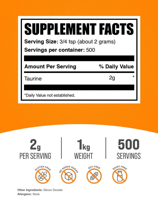 BulkSupplements textura del polvo de taurina sin sabor para mezcla fácil y sin grumos
