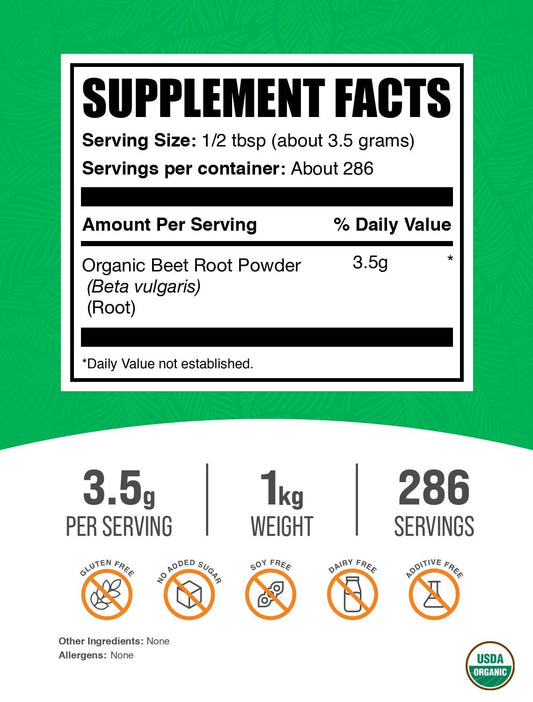 BulkSupplements textura del polvo de remolacha orgánica vista cercana y fácil disolución