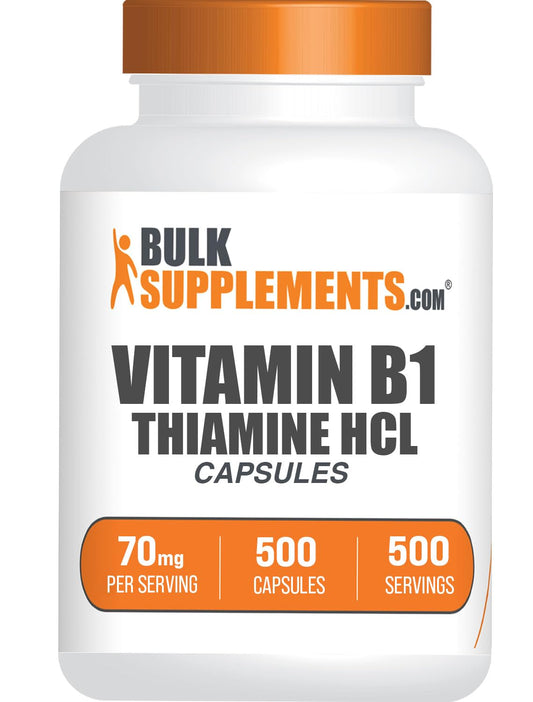BulkSupplements envase frontal de Thiamine HCl mostrando etiquetado claro y beneficio de pureza