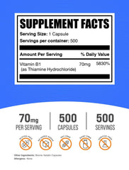 Primer plano de una cápsula de Thiamine HCl BulkSupplements destacando textura y facilidad de ingestión