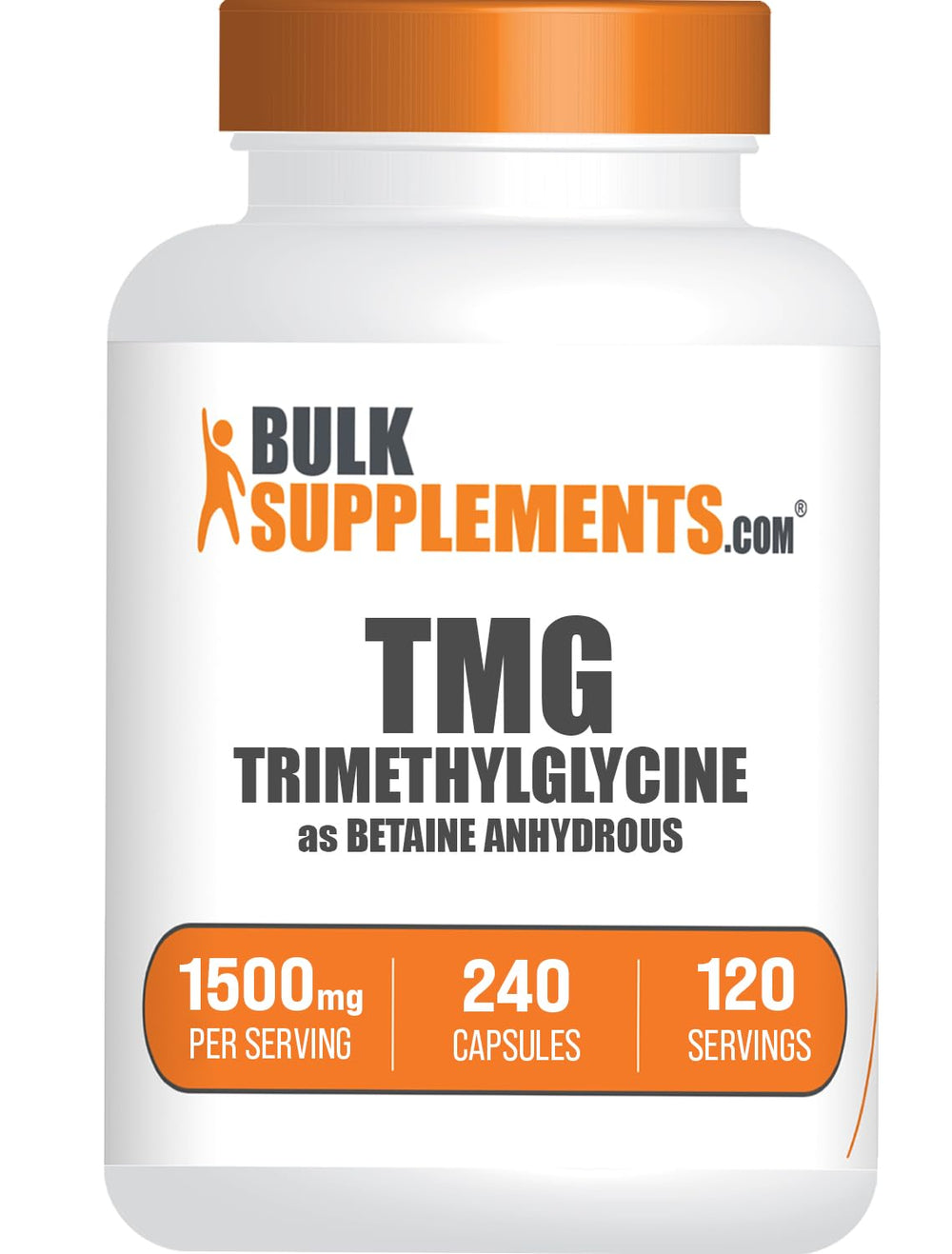 BulkSupplements TMG cápsulas, dosis 2 cápsulas por porción para uso diario.