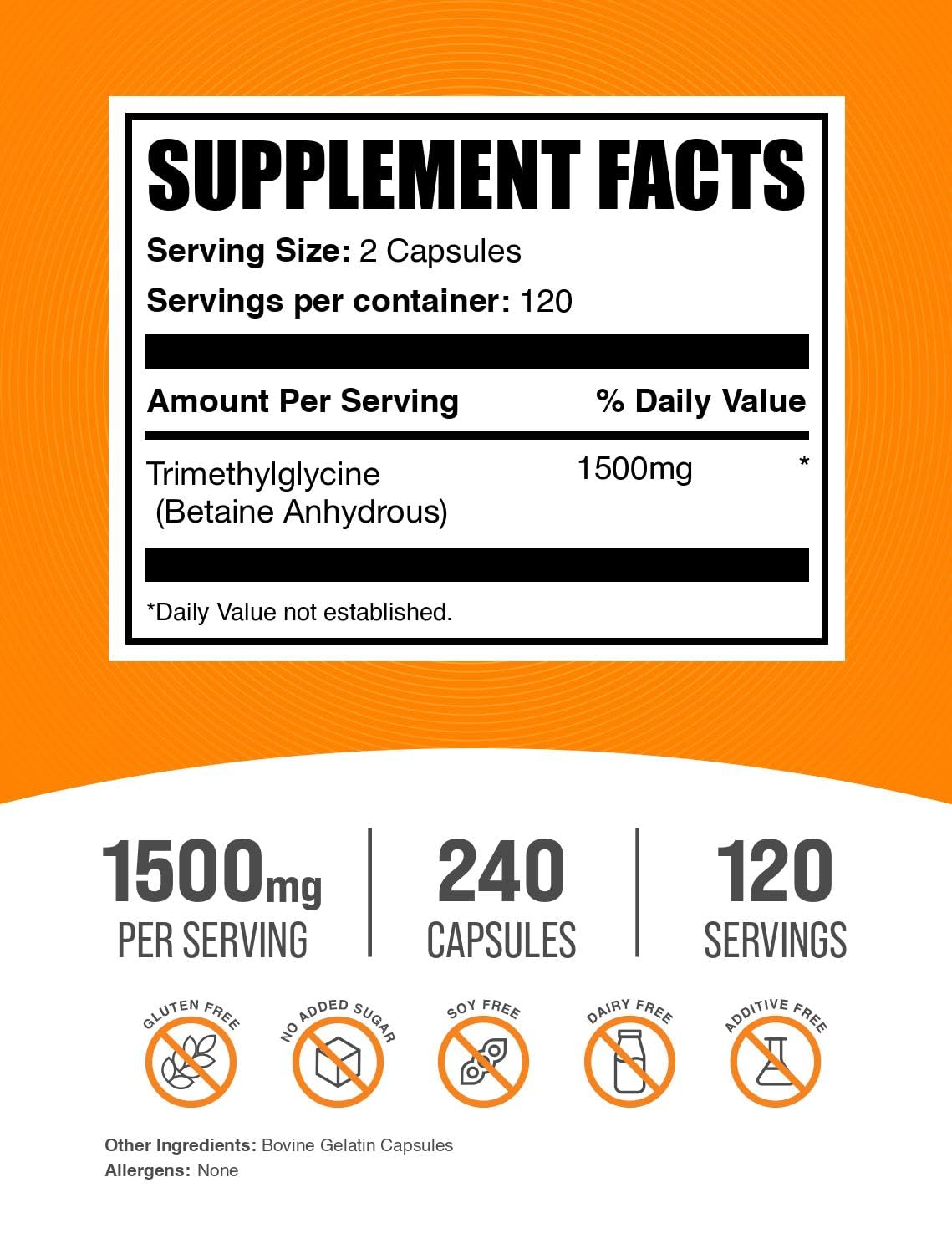 BulkSupplements TMG cápsulas, envase 240 cápsulas para rutina sostenida sin gluten.