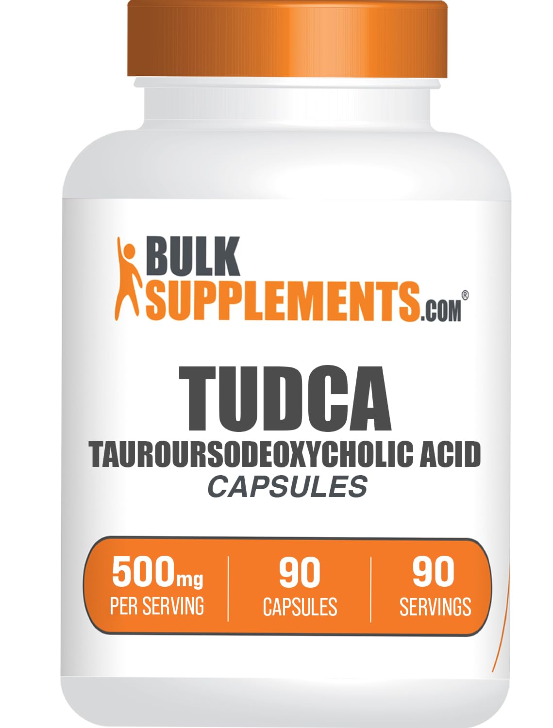BulkSupplements frasco frontal de TUDCA 500 mg, facilita dosificación segura