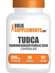 BulkSupplements frasco frontal de TUDCA 500 mg, facilita dosificación segura