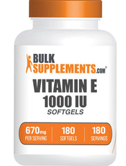 BulkSupplements frasco frontal de vitamina E 1000 IU, presentación confiable