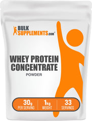 BulkSupplements envase frontal del Whey Concentrate que muestra etiqueta y tamaño