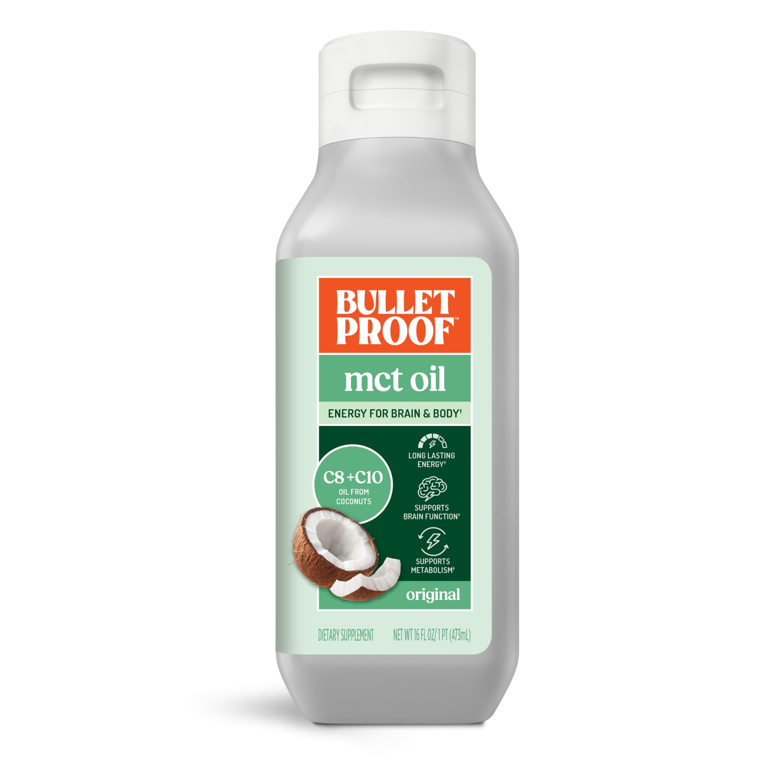 Bulletproof MCT Oil en botella de 16 onzas para energía sostenida.