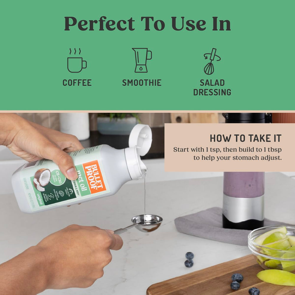 Bulletproof MCT Oil en proceso de vertido, textura suave.