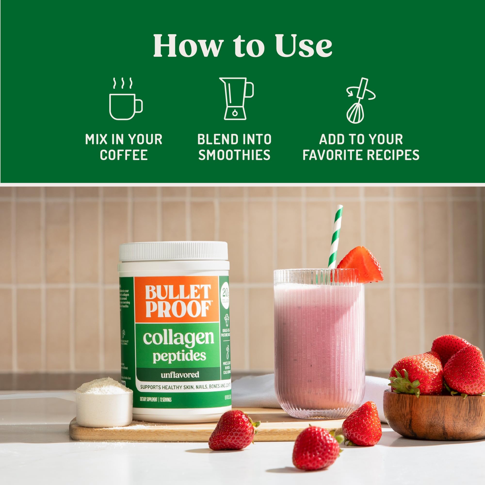Bulletproof batido proteico con polvo de colágeno para recuperación y energía