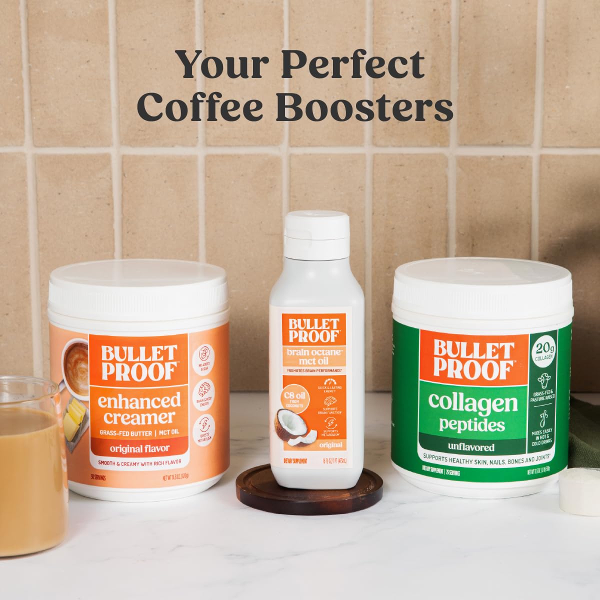 Bulletproof Brain Octane amber glass bottle emphasizes premium packaging.