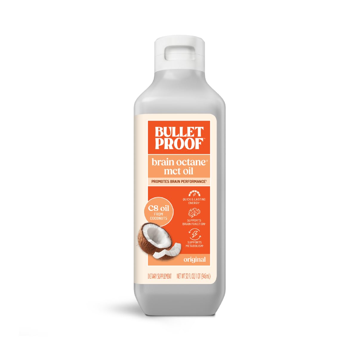 Bulletproof Brain Octane bottle front view highlights pure C8 MCT oil for steady energy.