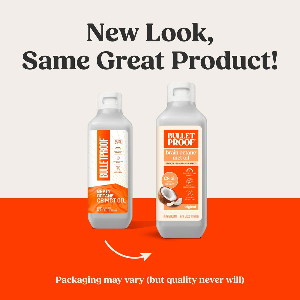 Bulletproof Brain Octane bottle label closeup emphasizes coconut-sourced purity and premium quality.