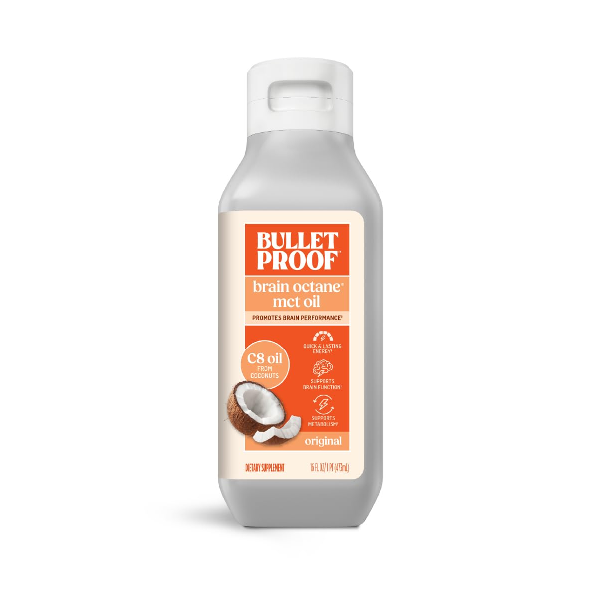 Bulletproof envase frontal mostrando botella de 16 oz y diseño limpio