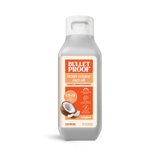 Bulletproof envase frontal mostrando botella de 16 oz y diseño limpio