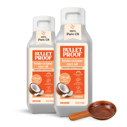 Bulletproof frasco frontal mostrando etiqueta clara y beneficios